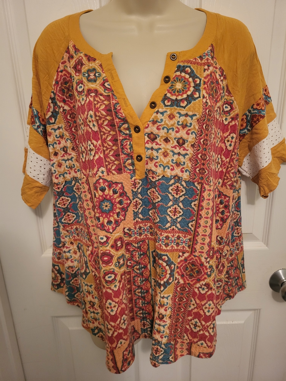Cato Multicolor Patchwork Blouse/Top - Mustard, Red, Blue